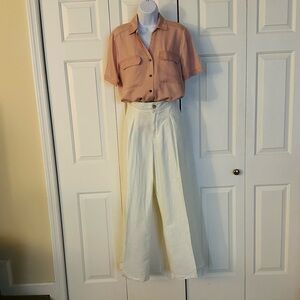 H Halston White Linen Pleated Pants Size 8